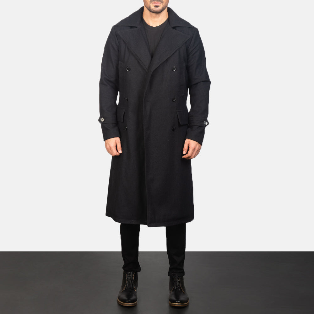 Men's Detective 黑色 Wool 真皮大衣 男士 in Black Synthetic Wool - Front Profile View &amp; Tailored Silhouette | Buy Online