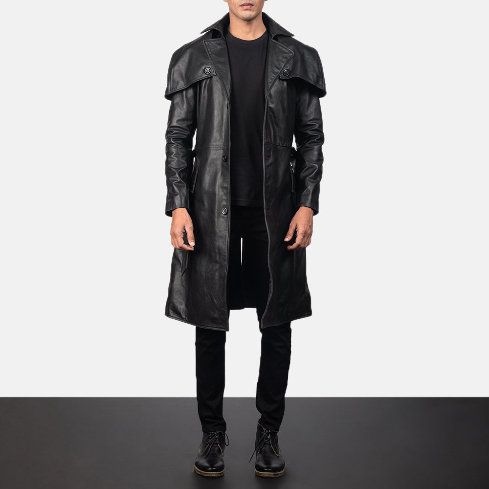 Men's Deux 黑色 Leather Duster 男士 in Black Cowhide Leather - Front Profile View &amp; Tailored Silhouette | Buy Online
