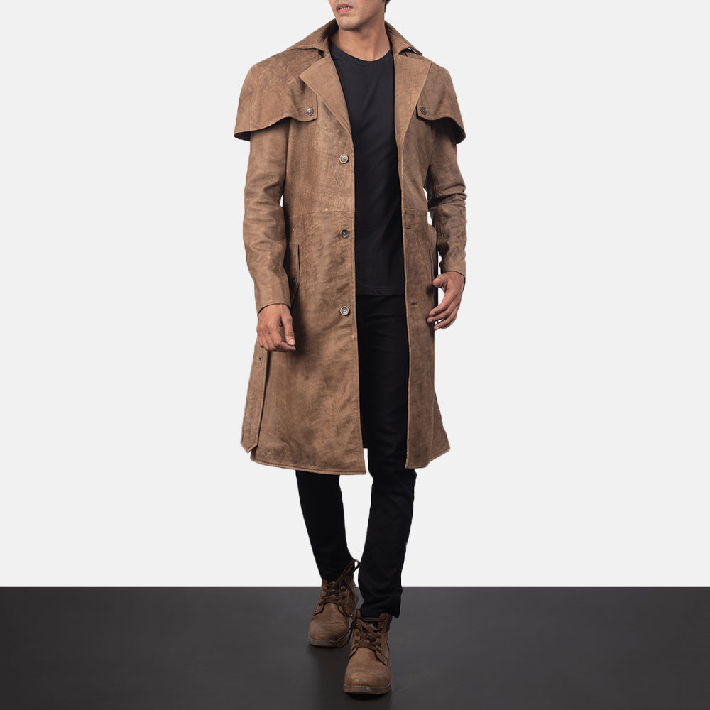
Deux 复古棕 Leather Duster 男士 in Distressed Brown Semi-Aniline Snuffed - 正面版型与定制立体剪裁轮廓 | 官方商城选购