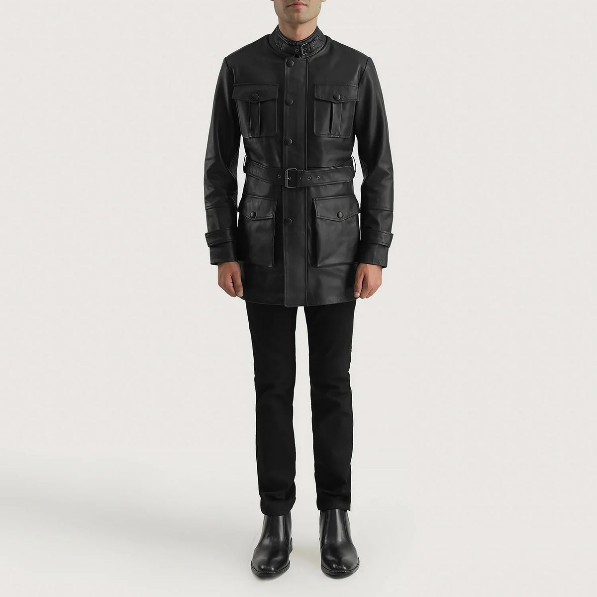 Dolf 黑色 真皮夹克 男士 - Lateral Side Profile View Showing Sleeve Cut &amp; Athletic Taper Fit