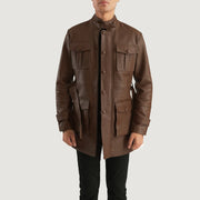 Dolf 棕色 真皮夹克 男士 - Lateral Side Profile View Showing Sleeve Cut &amp; Athletic Taper Fit