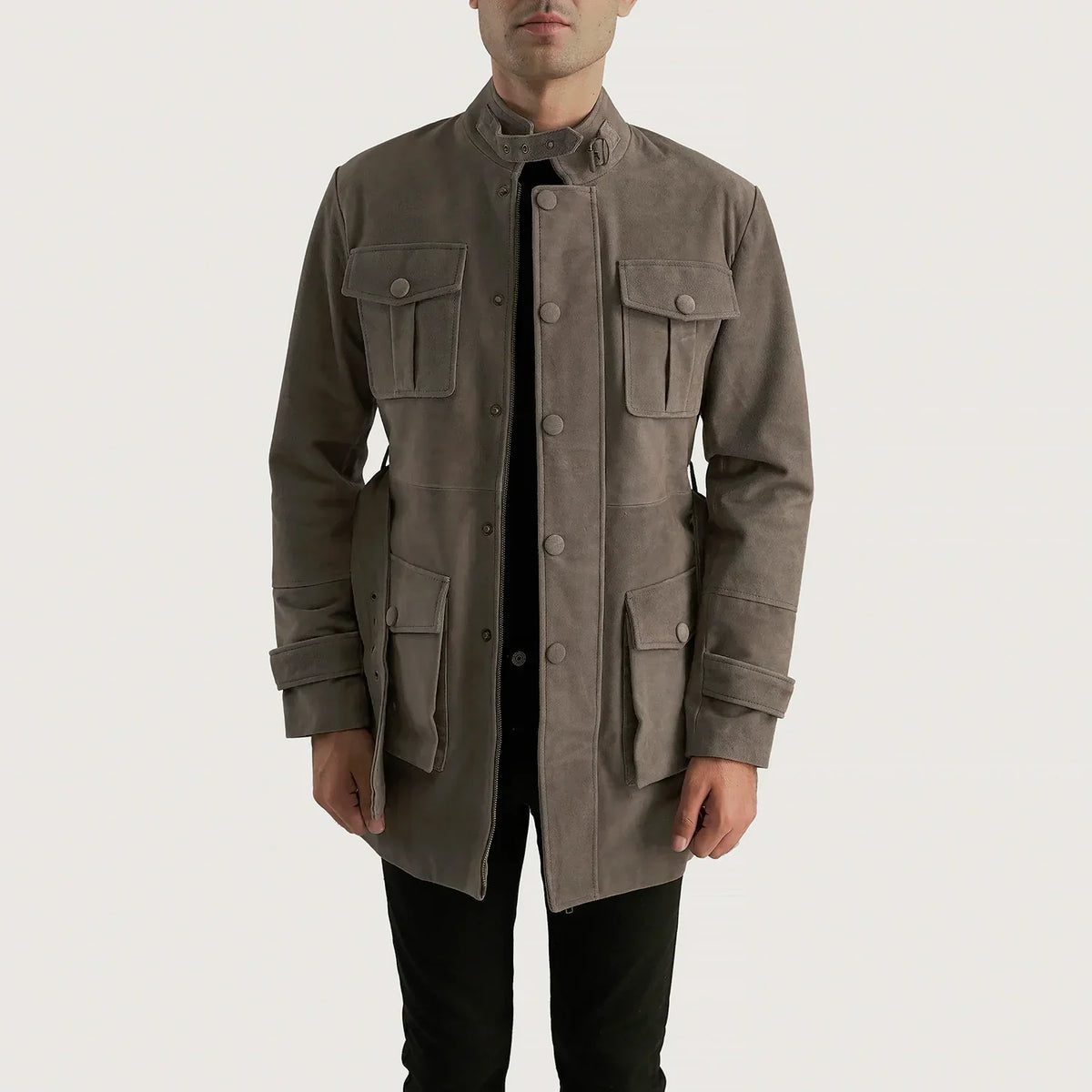 Dolf Grey 麂皮夹克 男士 in Grey Cowhide Suede - Front Profile View &amp; Tailored Silhouette | Buy Online