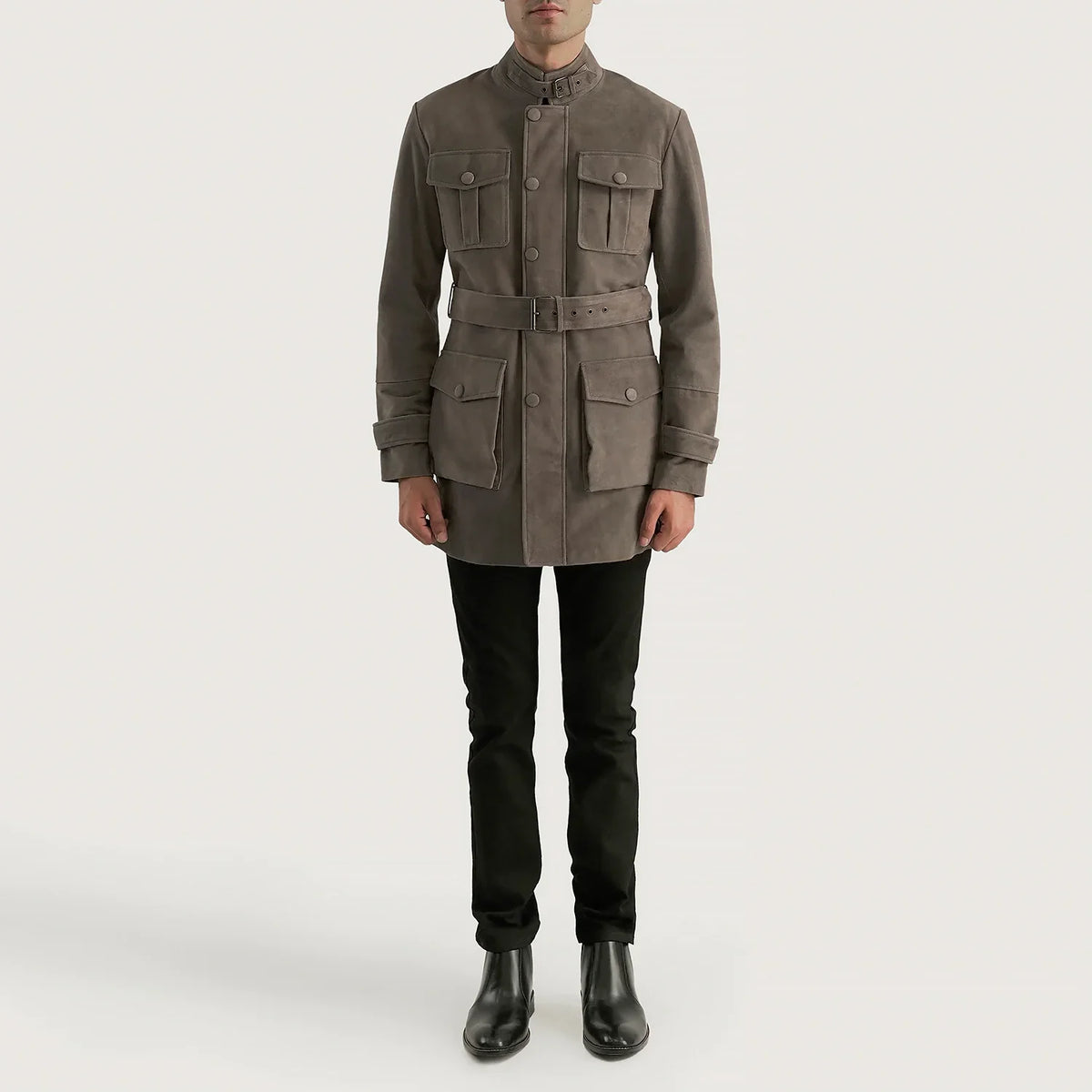 Dolf Grey 麂皮夹克 男士 - Lateral Side Profile View Showing Sleeve Cut &amp; Athletic Taper Fit