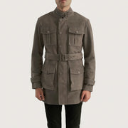 Close-Up Detail of High neck with Belt &amp; Snap button Hardware on Dolf Grey 麂皮夹克 男士