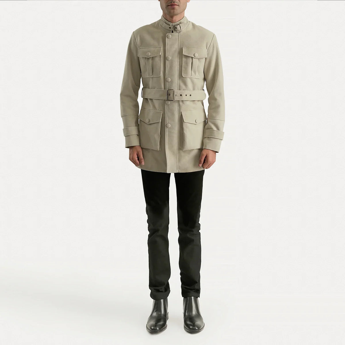Dolf Off-White 麂皮夹克 男士 - Lateral Side Profile View Showing Sleeve Cut &amp; Athletic Taper Fit