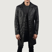 Men's Don Long 黑色 真皮大衣 男士 in Black Cowhide Leather - Front Profile View &amp; Tailored Silhouette | Buy Online