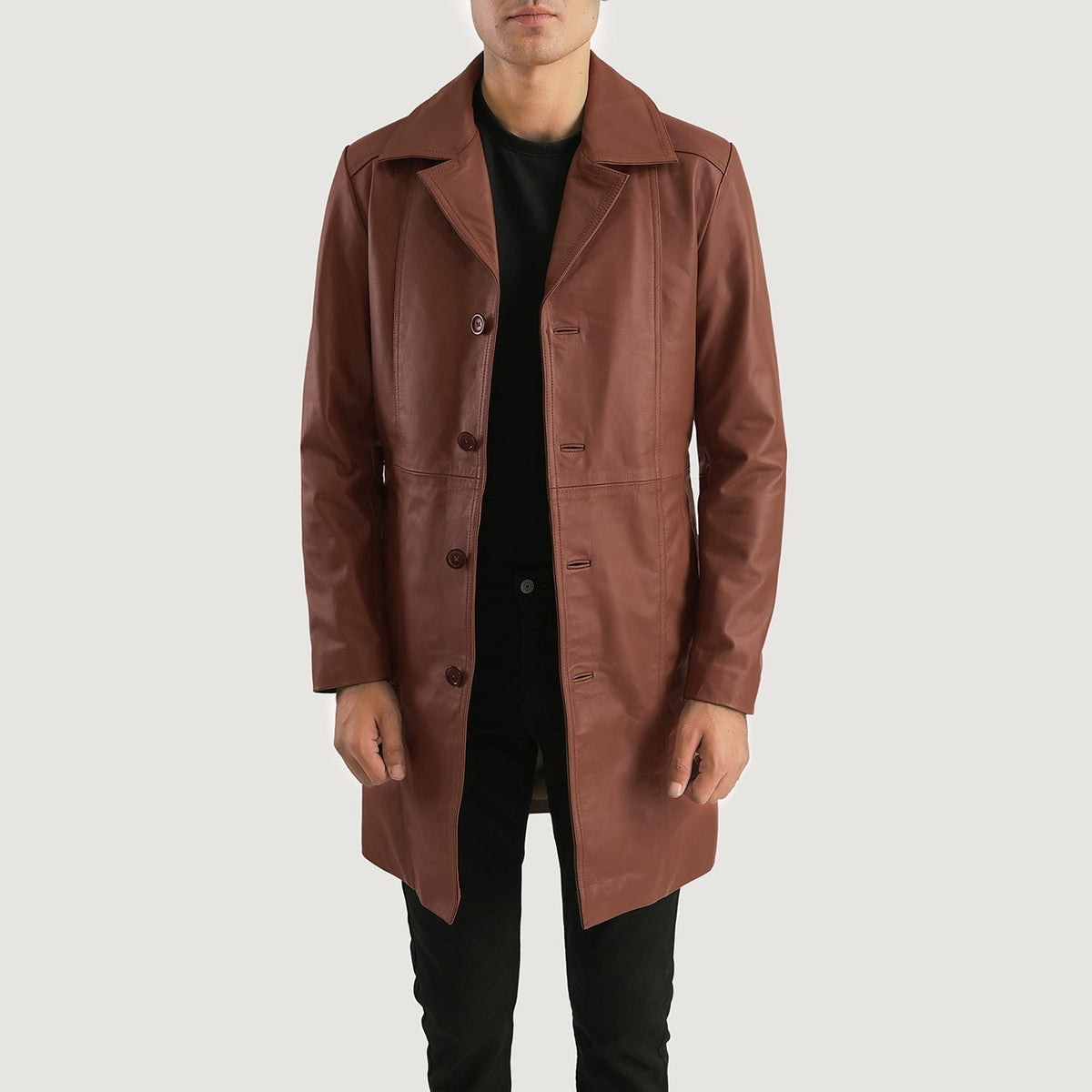 Don Long 棕色 真皮大衣 男士 in Brown Cowhide Leather - Front Profile View &amp; Tailored Silhouette | Buy Online