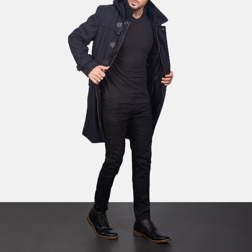 Drake 黑色 Wool Hooded Duffle 真皮大衣 男士