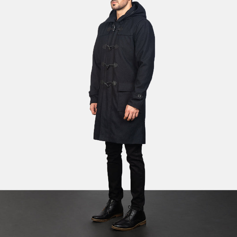 Drake 黑色 Wool Hooded Duffle 真皮大衣 男士