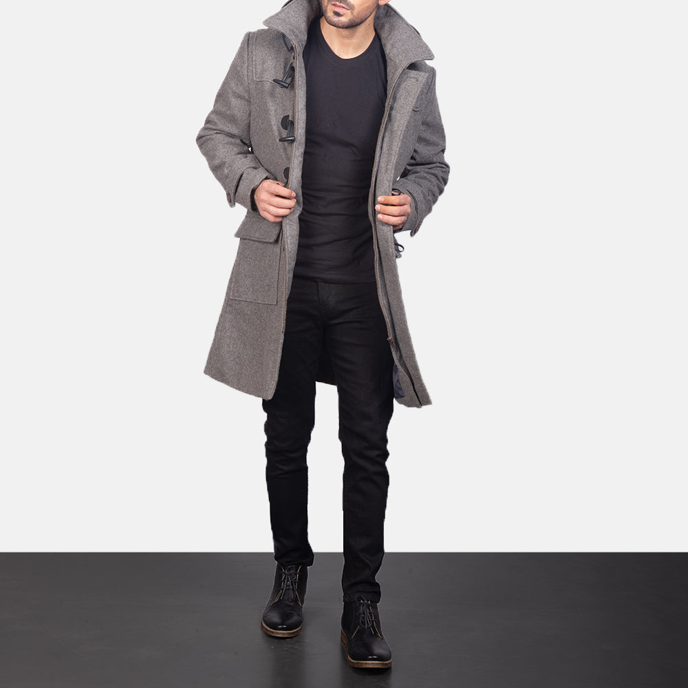 
Grey Wool Duffle Coat in Grey Synthetic Wool - 正面版型与定制立体剪裁轮廓 | 官方商城选购