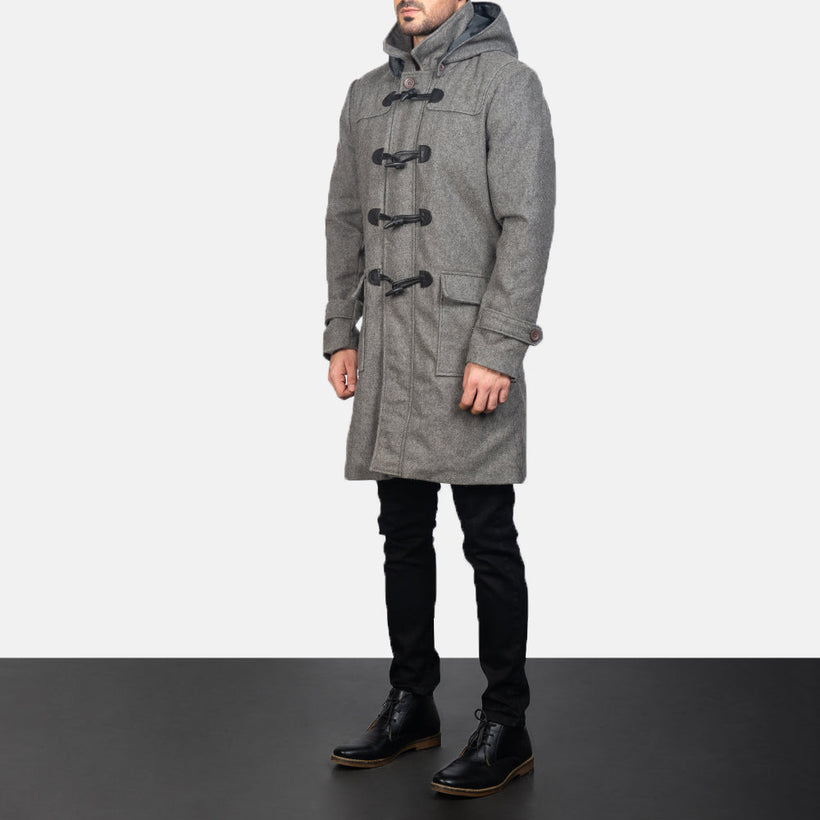 Drake Grey Wool Hooded Duffle 真皮大衣 男士