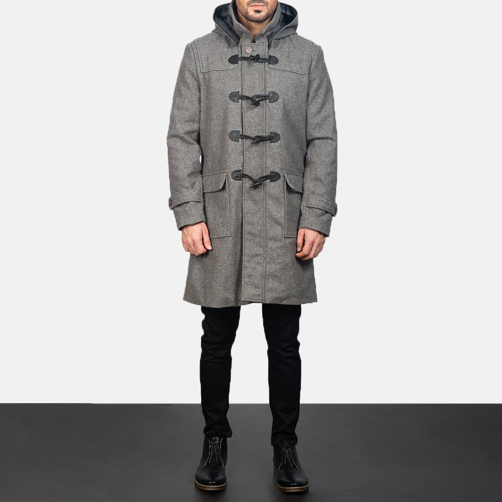 
Grey Wool Duffle Coat - 展现立体袖型与合身版型的侧身视角
