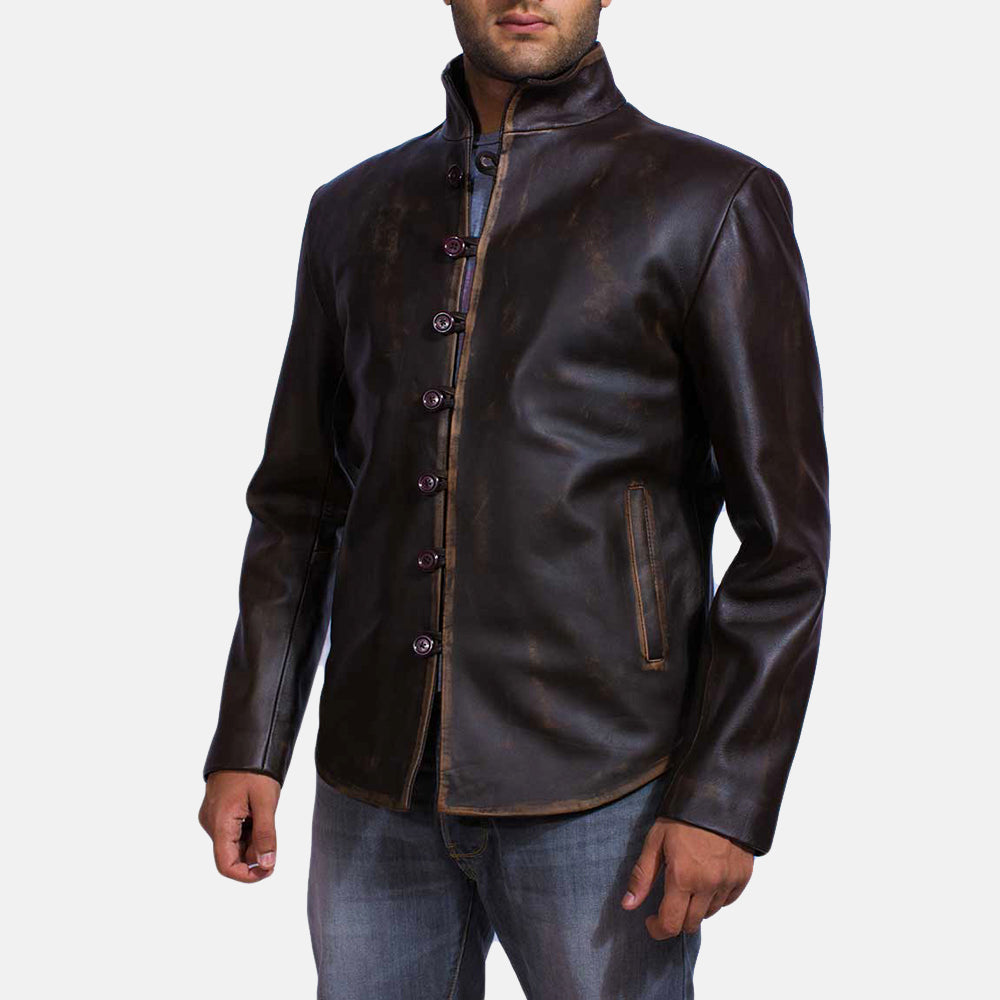 
Distressed Brown Goatskin Leather Biker Jacket - 展现肩线贴合与利落下摆的背部视角