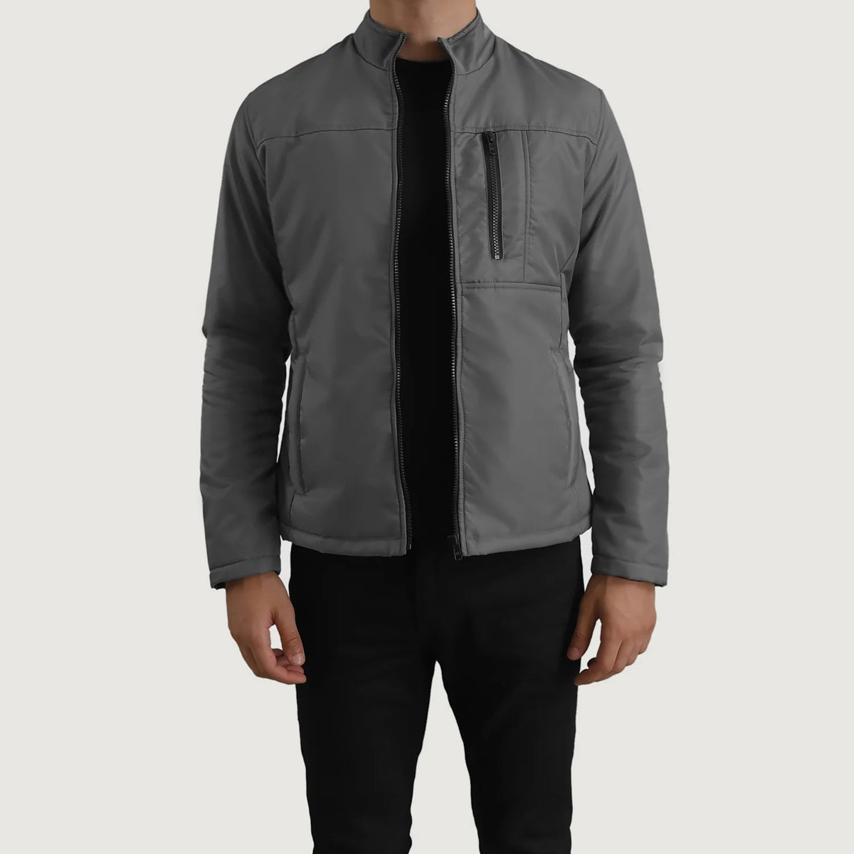 Elliot Grey Lightweight 真皮夹克 男士 in Grey Full-Grain Leather - Front Profile View &amp; Tailored Silhouette | Buy Online