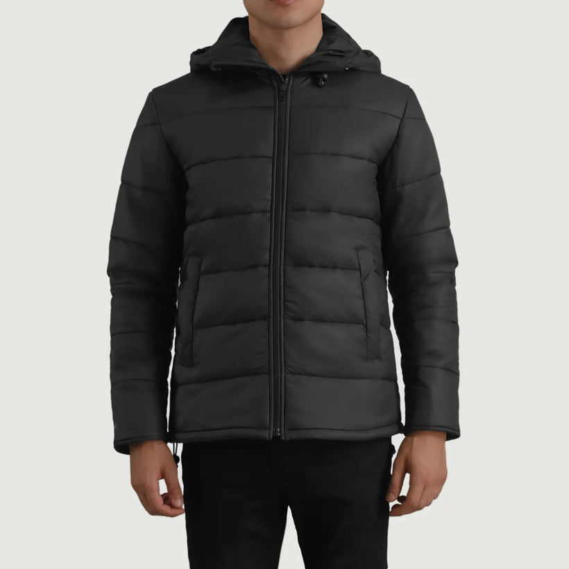 Erico 黑色 Hooded Puffer 真皮夹克 男士