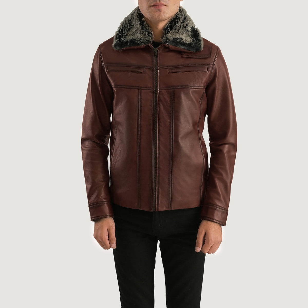 
Evan Hart Fur 复古棕 真皮夹克 男士 in Distressed Brown Sheepskin Burnishing - 正面版型与定制立体剪裁轮廓 | 官方商城选购