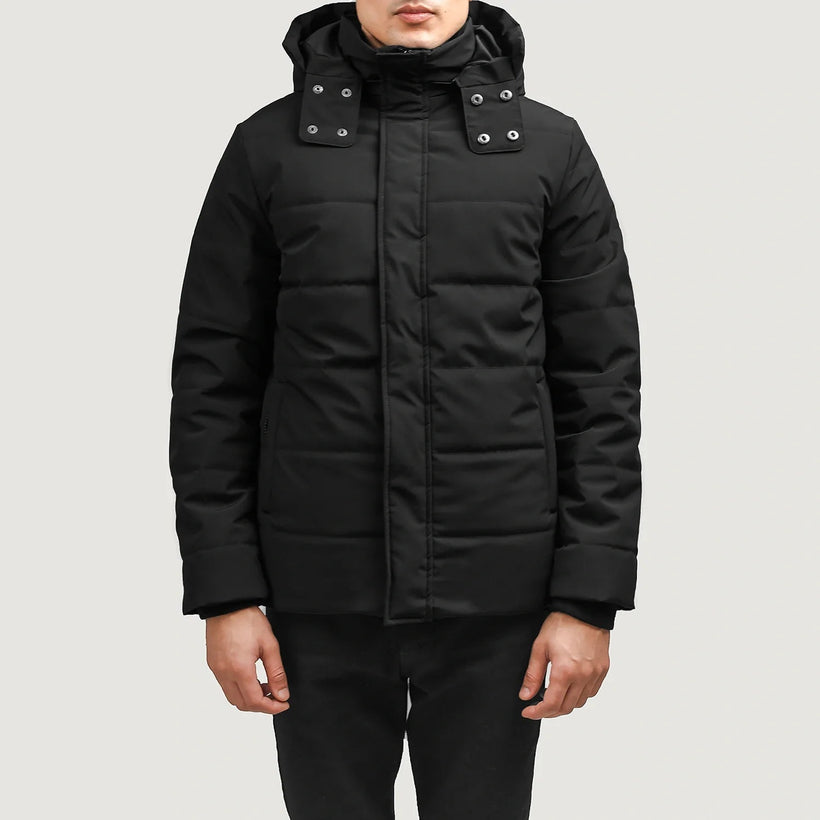 Exton 黑色 Hooded Down Puffer 真皮夹克 男士