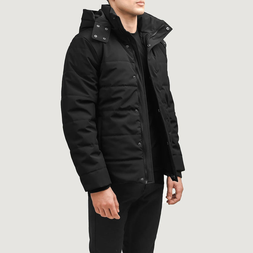 Exton 黑色 Hooded Down Puffer 真皮夹克 男士