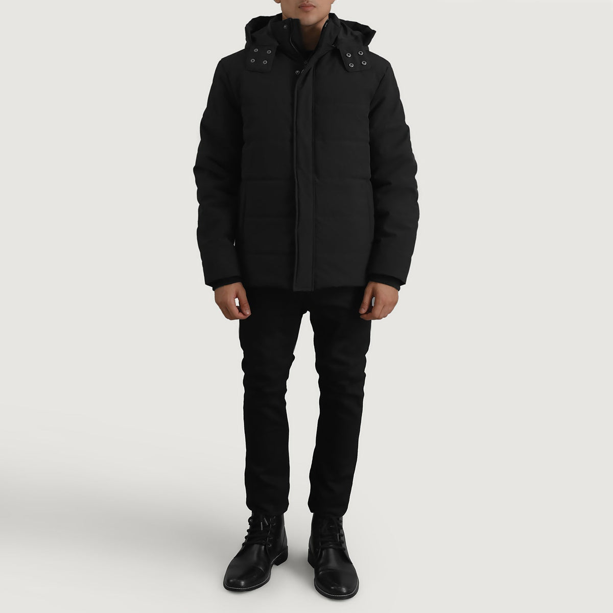
细节特写 of Classic Collar & Zipper With Placket. Hardware on Exton 经典黑 Hooded Down Puffer 真皮夹克 男士