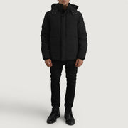 
细节特写 of Classic Collar & Zipper With Placket. Hardware on Exton 经典黑 Hooded Down Puffer 真皮夹克 男士