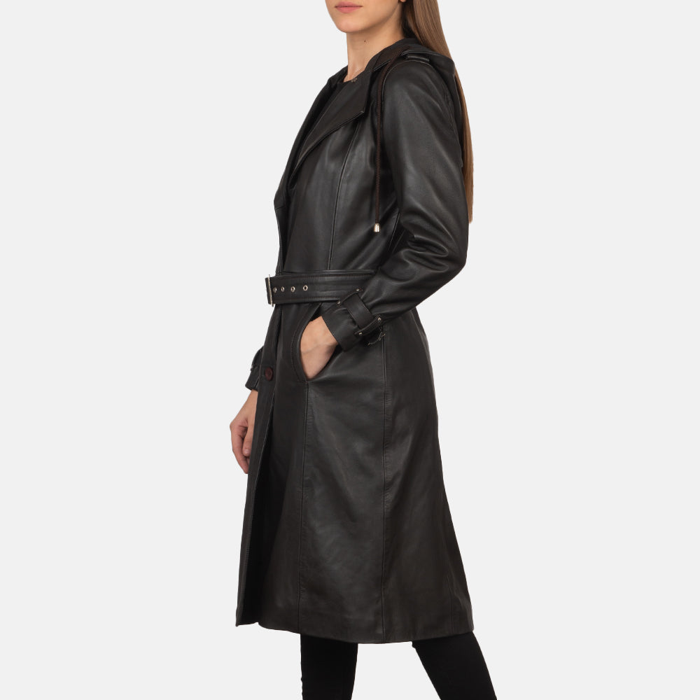 Brown Sheepskin Leather Trench Coat - 展现肩线贴合与利落下摆的背部视角