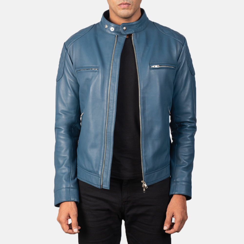 
Gatsby Quilted Blue Leather Biker Jacket in Blue Sheepskin Leather - 正面版型与定制立体剪裁轮廓 | 官方商城选购