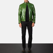 
细节特写 of Band with snap buttons & Zipper Hardware on Gatsby Quilted Green Leather Biker Jacket