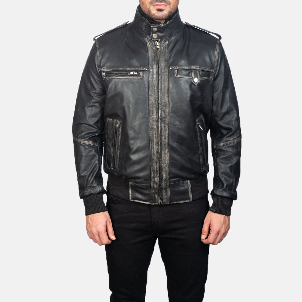 Glen Street 黑色 真皮飞行员夹克 男士 in Black Cowhide Leather - Front Profile View &amp; Tailored Silhouette | Buy Online
