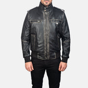 Glen Street 黑色 真皮飞行员夹克 男士 in Black Cowhide Leather - Front Profile View &amp; Tailored Silhouette | Buy Online