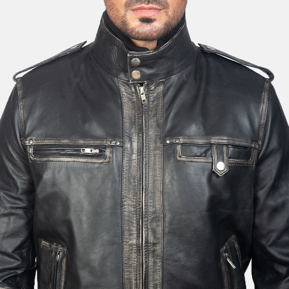 Glen Street 黑色 真皮飞行员夹克 男士 - Lateral Side Profile View Showing Sleeve Cut &amp; Athletic Taper Fit