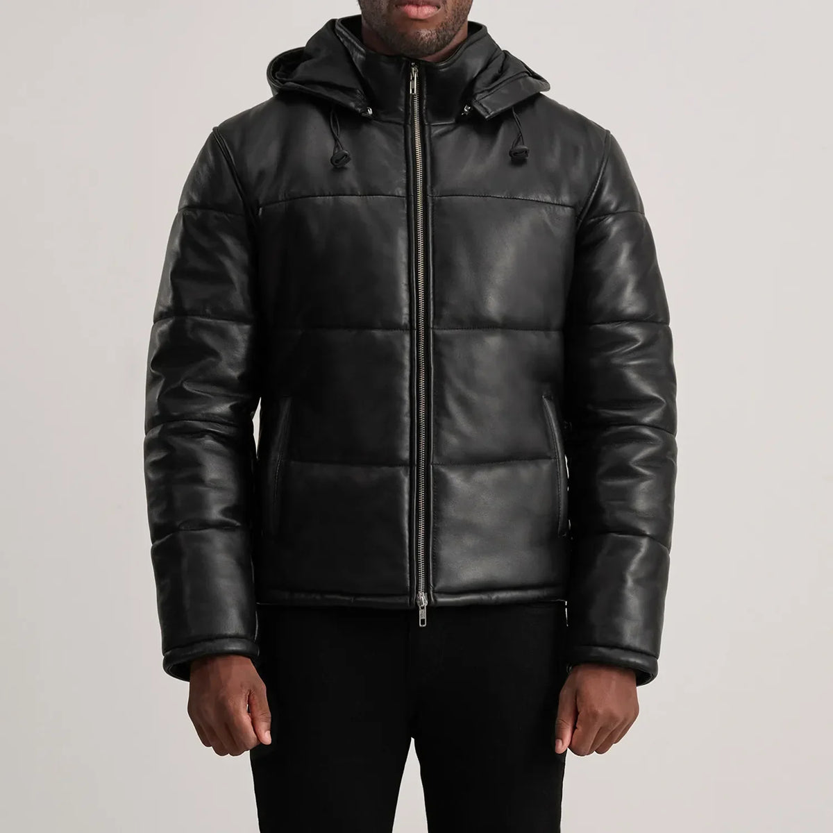 
细节特写 of High neck & Zipper Hardware on Gordon Tan Hooded Leather Puffer Jacket