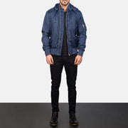 
Blue Hooded Bomber Jacket - 展现立体袖型与合身版型的侧身视角
