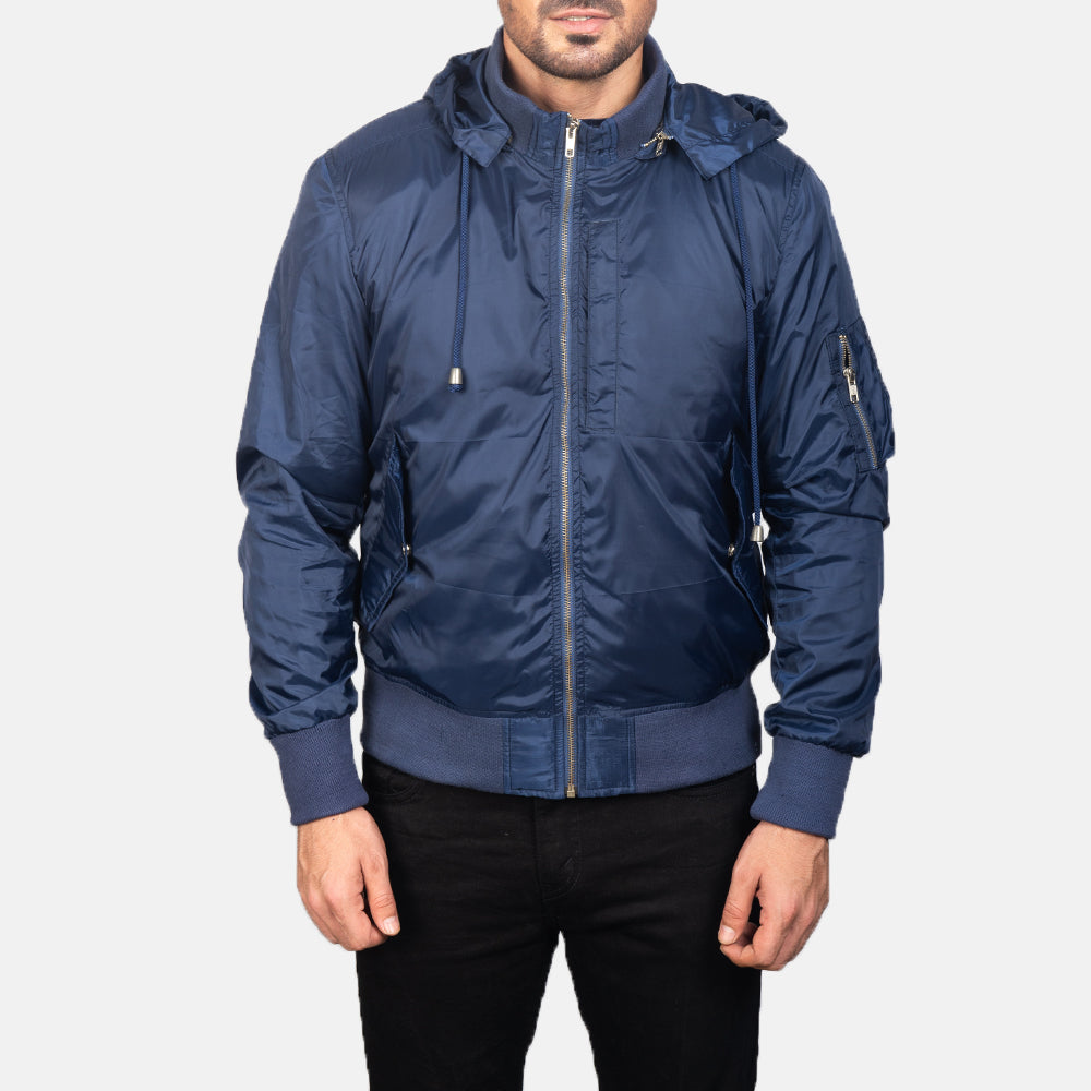 
细节特写 of Knit Rib with Removable Nylon Hood & Zipper Hardware on Blue Hooded Bomber Jacket
