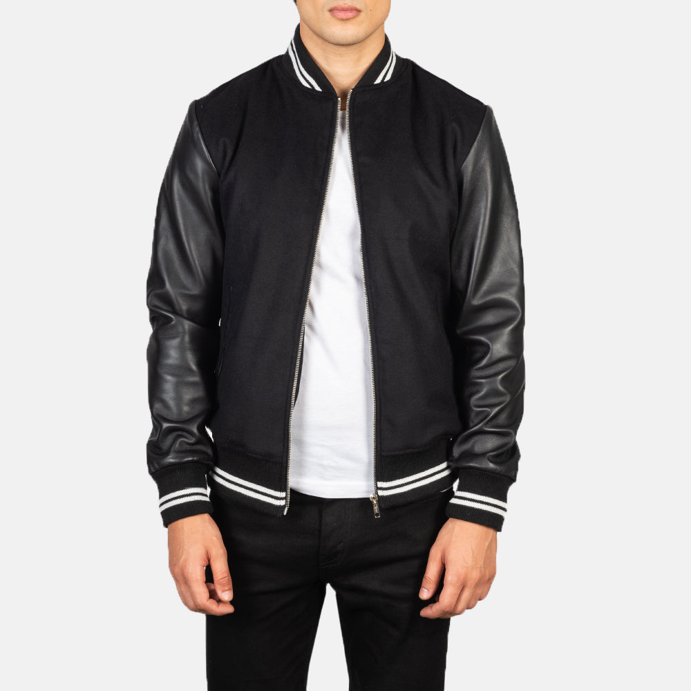 Harrison 黑色 Hybrid Varsity 真皮夹克 男士 in Black Sheepskin Leather - Front Profile View &amp; Tailored Silhouette | Buy Online
