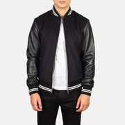Harrison 黑色 Hybrid Varsity 真皮夹克 男士 in Black Sheepskin Leather - Front Profile View &amp; Tailored Silhouette | Buy Online