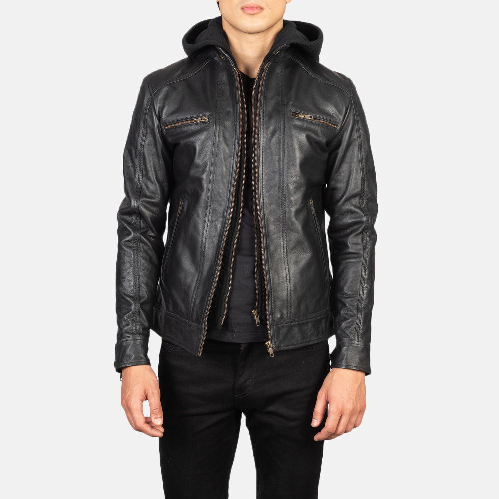 Men's Hector 黑色 Hooded 真皮机车夹克 男士 in Black Cowhide Leather - Front Profile View &amp; Tailored Silhouette | Buy Online