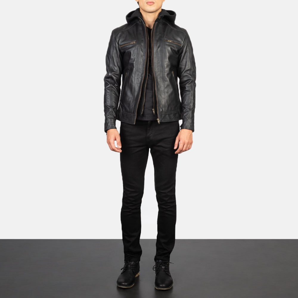 Men's Hector 黑色 Hooded 真皮机车夹克 男士 - Lateral Side Profile View Showing Sleeve Cut &amp; Athletic Taper Fit