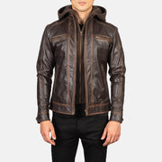 
Hector Vintage 复古棕 Hooded 真皮机车皮衣 男士 in Vintage Brown Goatskin Leather - 正面版型与定制立体剪裁轮廓 | 官方商城选购