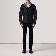 
Grey Goatskin Suede Biker Jacket - 展现肩线贴合与利落下摆的背部视角