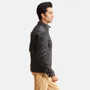 
Black Sheepskin Leather Biker Jacket - 展现肩线贴合与利落下摆的背部视角