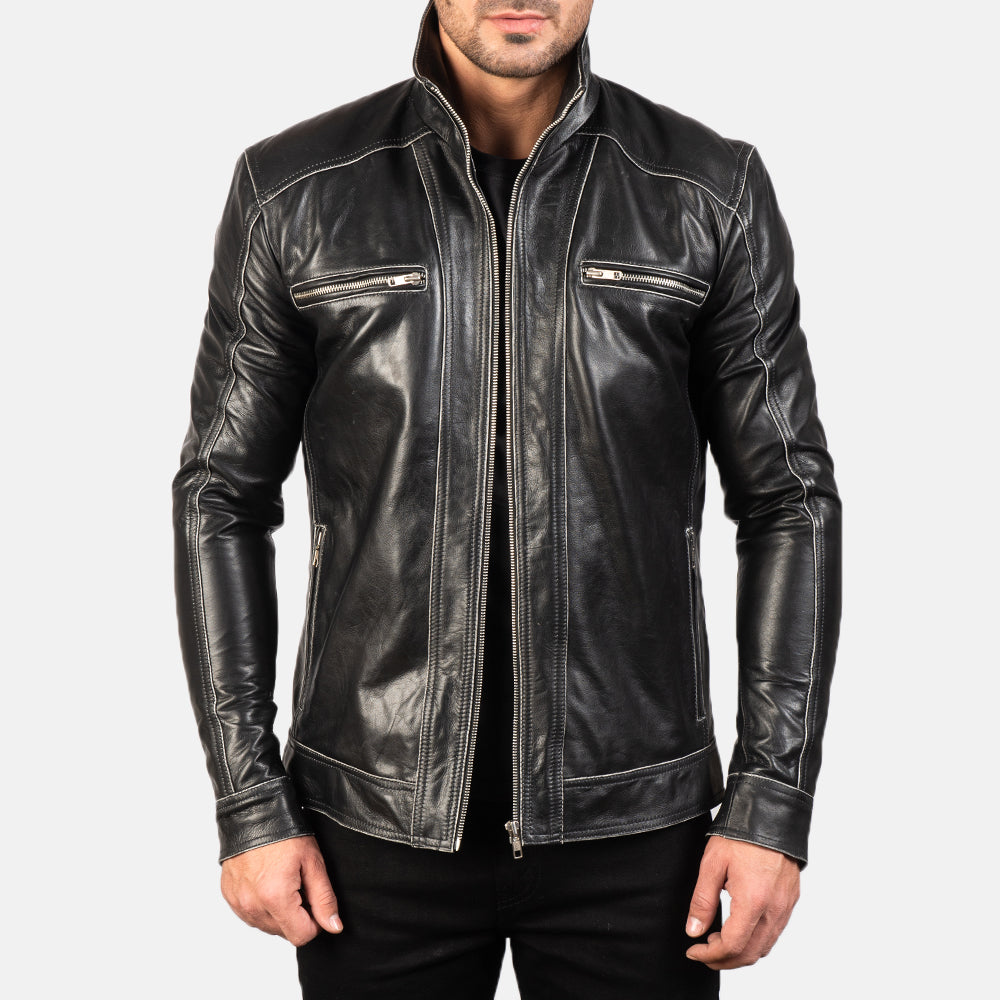 
Hudson Black Leather Biker Jacket in Black Cowhide Leather - 正面版型与定制立体剪裁轮廓 | 官方商城选购