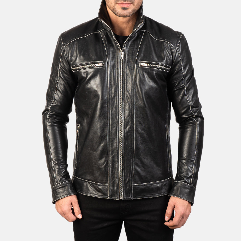 
细节特写 of High neck Band & Zipper Hardware on Hudson Black Leather Biker Jacket