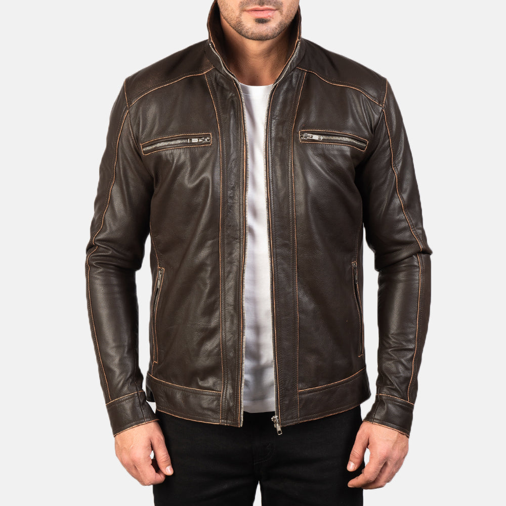 
手工下摆与精工缝制细节 Hudson Black Leather Biker Jacket