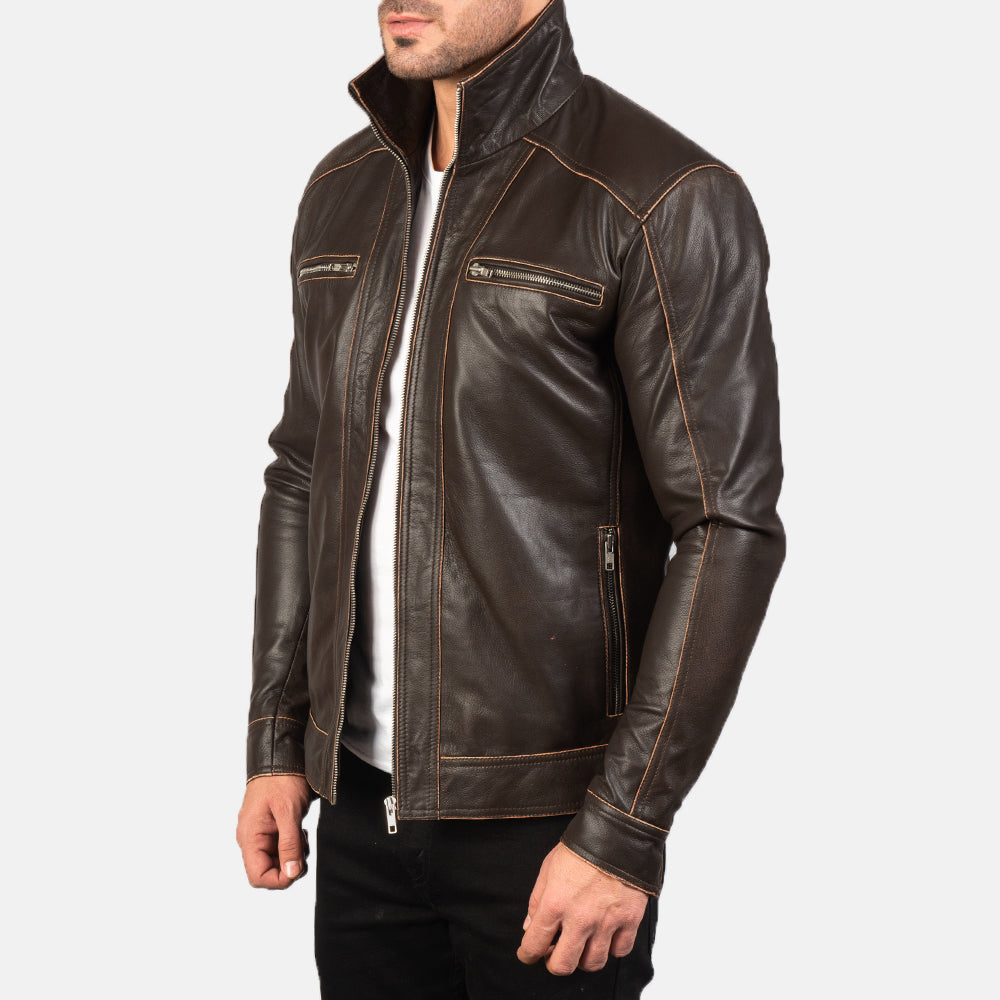 
模特上身效果： Hudson Black Leather Biker Jacket 模特试穿展示（自然光垂坠质感）