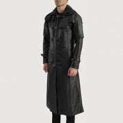 
Black. Cowhide Leather Trench Coat - 展现肩线贴合与利落下摆的背部视角