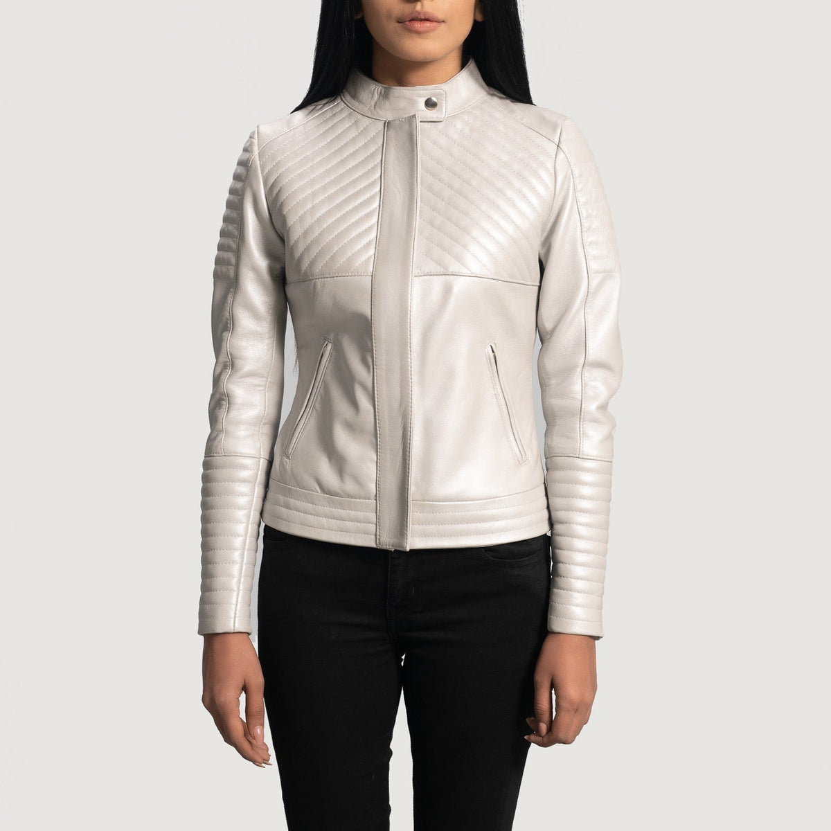Ice Maiden Silver Quilted Leather Biker Jacket in Silver Sheepskin Leather - 正面版型与定制立体剪裁轮廓 | 官方商城选购