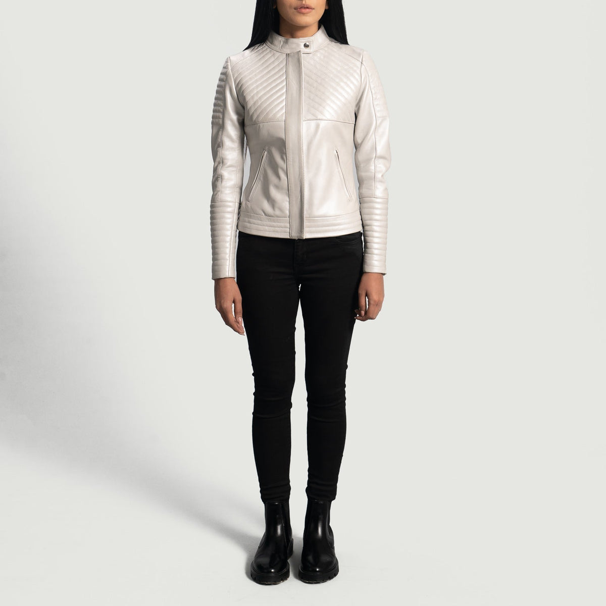 按扣立领与金属五金细节特写 Ice Maiden Silver Quilted Leather Biker Jacket