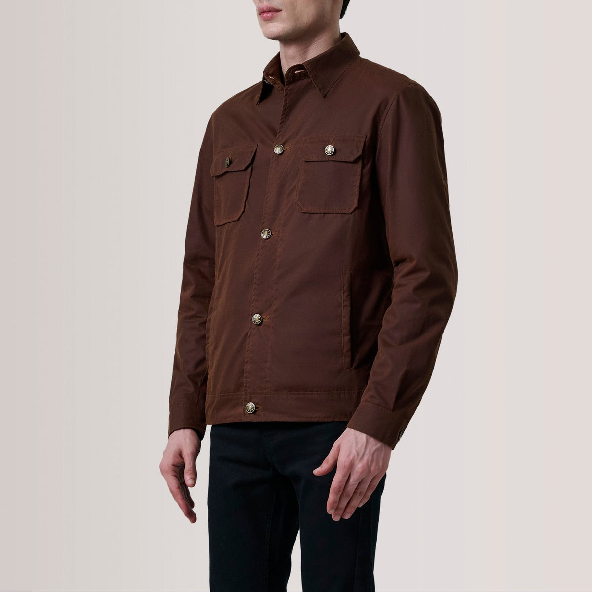 Irwin 棕色 Waxed Canvas Field 真皮夹克 男士 For Men - Lateral Side Profile View Showing Sleeve Cut &amp; Athletic Taper Fit