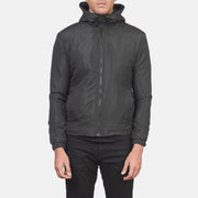 
细节特写 of High Neck with Hood & Zipper with wind flap Hardware on Jimmy 经典黑 Hooded Windbreaker 真皮夹克 男士