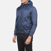 
Blue Nylon Hooded Jacket - 展现肩线贴合与利落下摆的背部视角